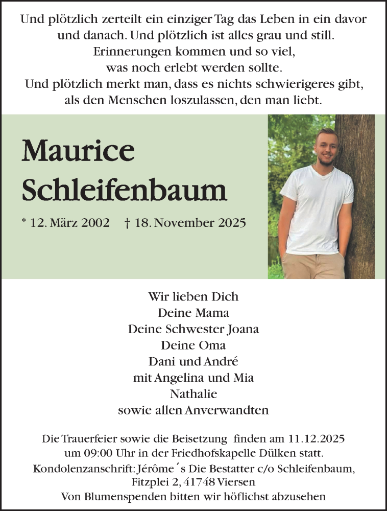  Traueranzeige für Maurice Schleifenbaum vom 07.12.2025 aus trauer.panorama-anzeigenblatt.de