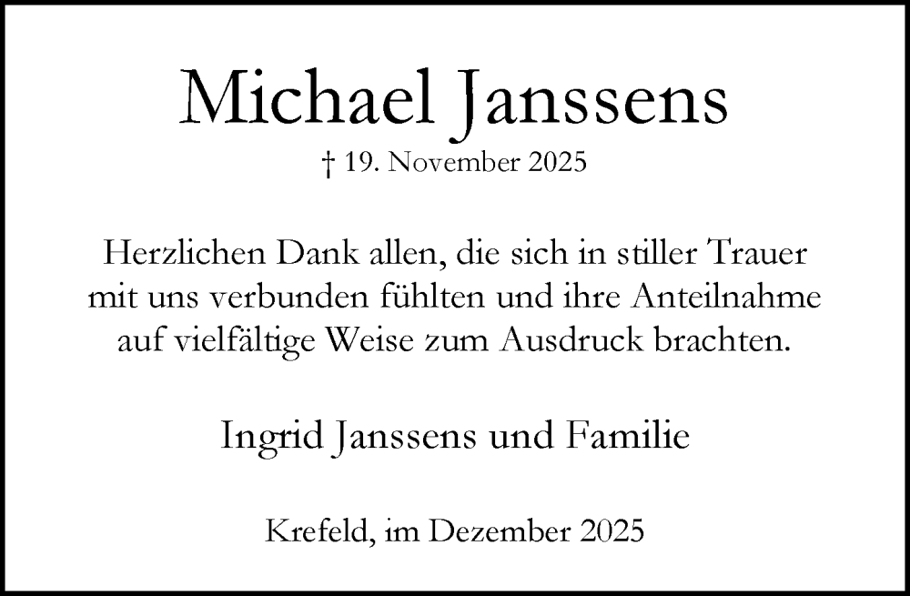  Traueranzeige für Michael Janssens vom 14.12.2025 aus trauer.panorama-anzeigenblatt.de