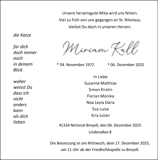 Traueranzeige von Miriam Kall von trauer.panorama-anzeigenblatt.de