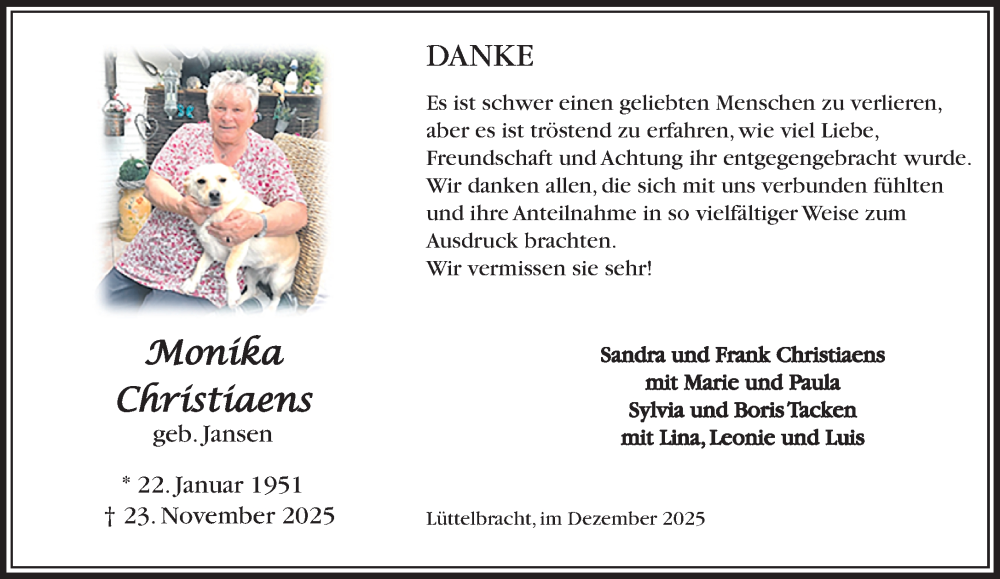  Traueranzeige für Monika Christiaens vom 21.12.2025 aus trauer.panorama-anzeigenblatt.de