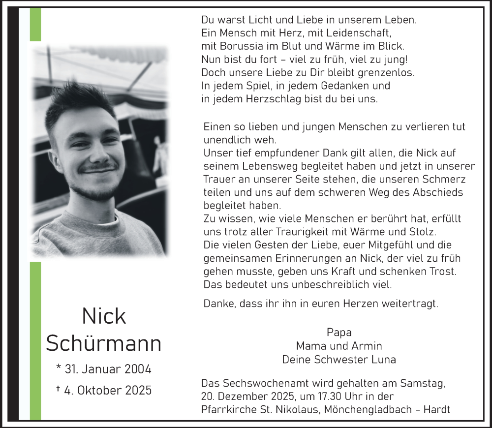  Traueranzeige für Nick Schürmann vom 07.12.2025 aus trauer.panorama-anzeigenblatt.de