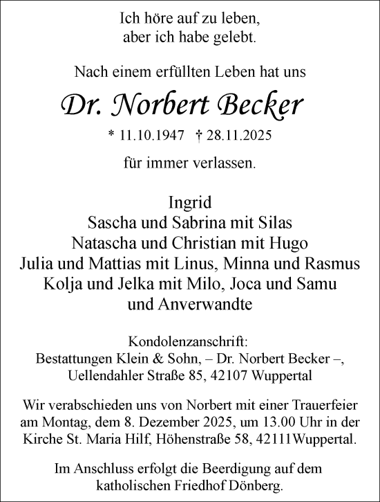 Traueranzeige von Norbert Becker von trauer.wuppertaler-rundschau.de