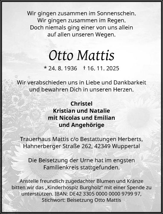Traueranzeige von Otto Mattis von trauer.wuppertaler-rundschau.de