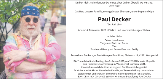 Traueranzeige von Paul Decker von trauer.wuppertaler-rundschau.de