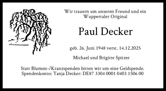 Traueranzeige von Paul Decker von trauer.wuppertaler-rundschau.de
