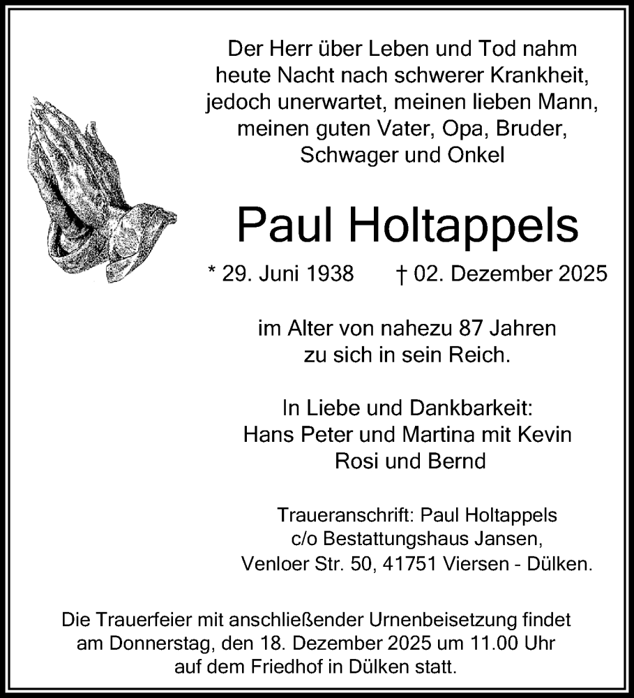  Traueranzeige für Paul Holtappels vom 14.12.2025 aus trauer.panorama-anzeigenblatt.de