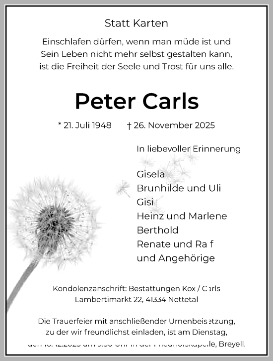 Traueranzeige von Peter Carls von trauer.panorama-anzeigenblatt.de