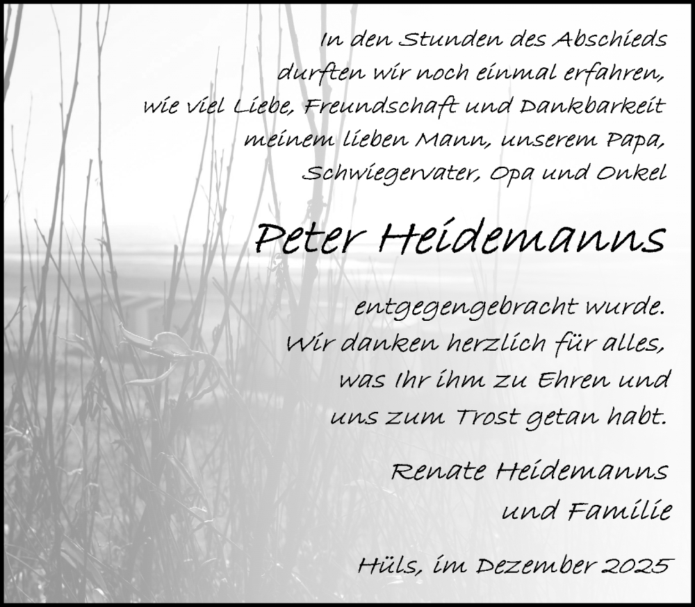  Traueranzeige für Peter Heidemanns vom 14.12.2025 aus trauer.panorama-anzeigenblatt.de