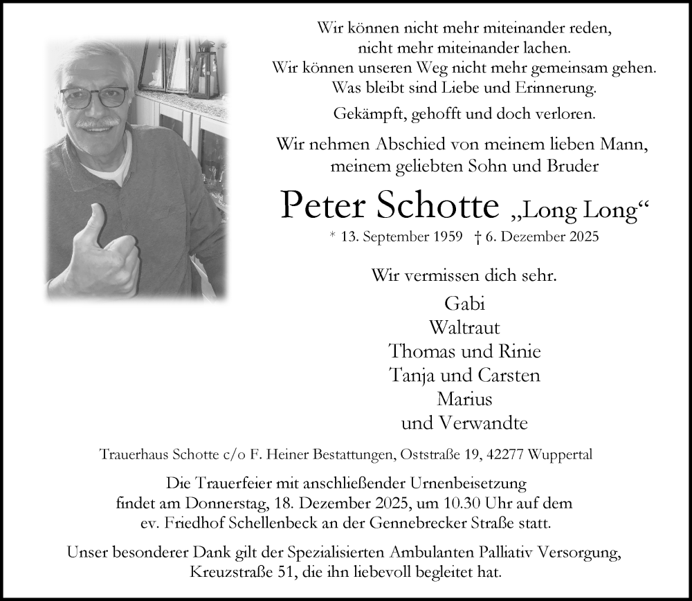  Traueranzeige für Peter Schotte vom 13.12.2025 aus trauer.wuppertaler-rundschau.de