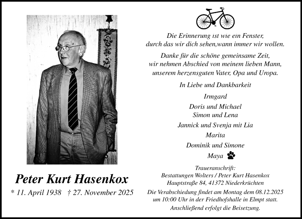  Traueranzeige für Peter Kurt Hasenkox vom 07.12.2025 aus trauer.panorama-anzeigenblatt.de