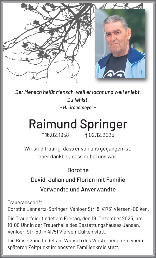  Traueranzeige für Raimund Springer vom 14.12.2025 aus trauer.panorama-anzeigenblatt.de