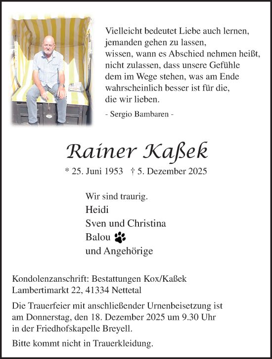 Traueranzeige von Rainer Kaßek von trauer.panorama-anzeigenblatt.de