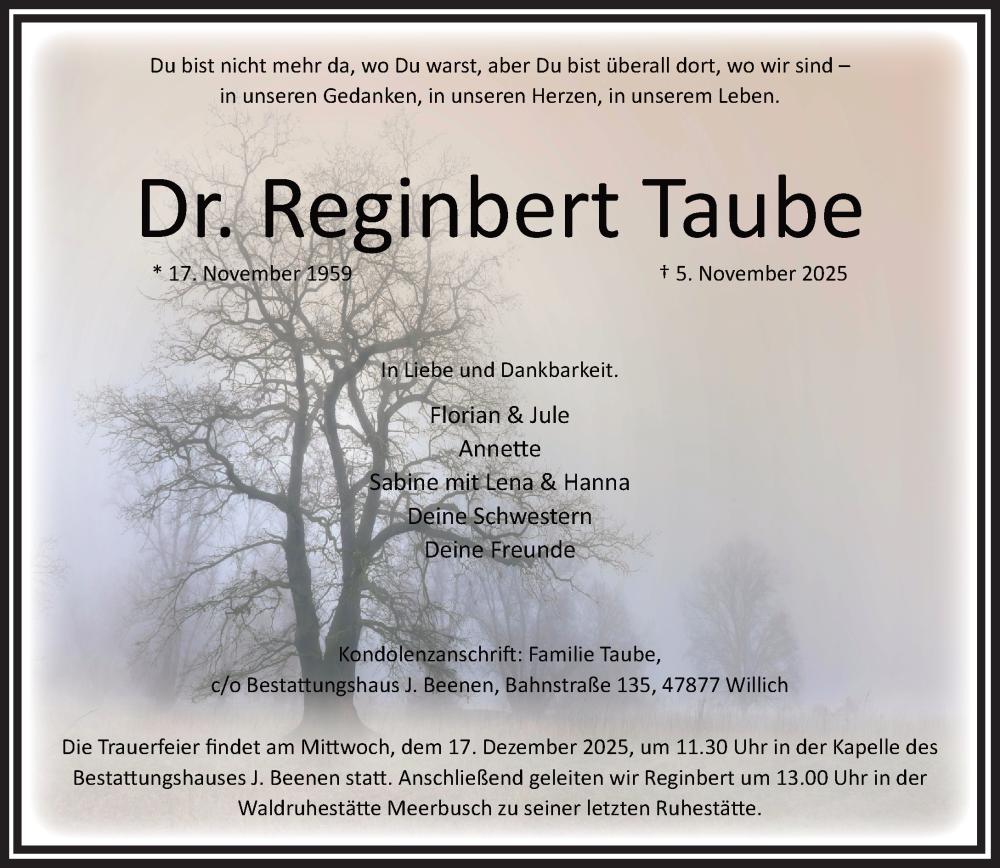  Traueranzeige für Reginbert Taube vom 07.12.2025 aus trauer.panorama-anzeigenblatt.de