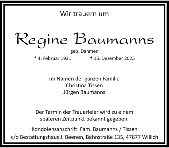Traueranzeige von Regine Baumanns von trauer.panorama-anzeigenblatt.de