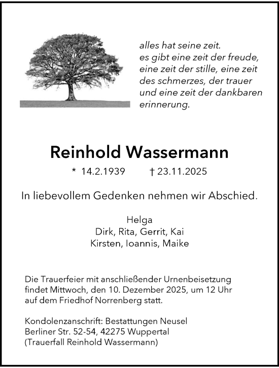 Traueranzeige von Reinhold Wassermann von trauer.wuppertaler-rundschau.de