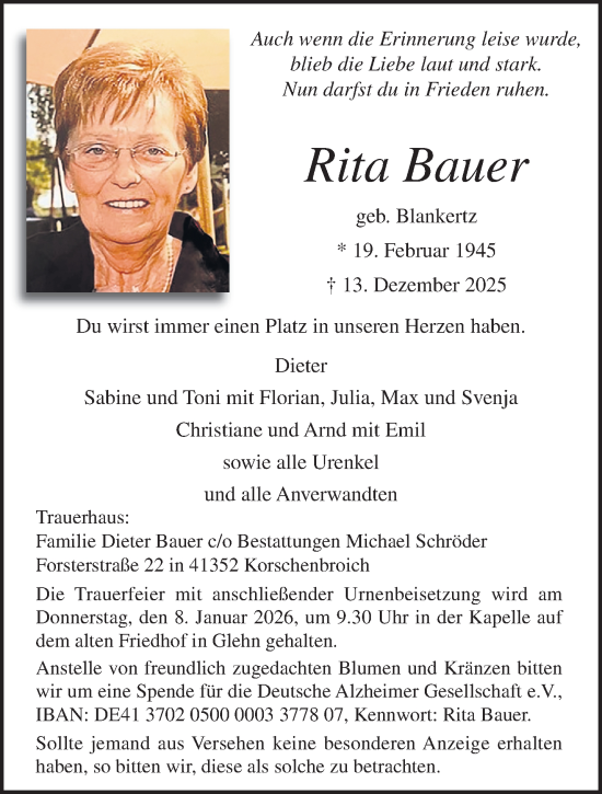 Traueranzeige von Rita Bauer von trauer.panorama-anzeigenblatt.de