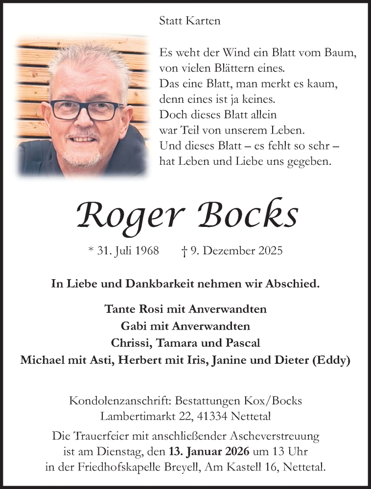  Traueranzeige für Roger Bocks vom 21.12.2025 aus trauer.panorama-anzeigenblatt.de