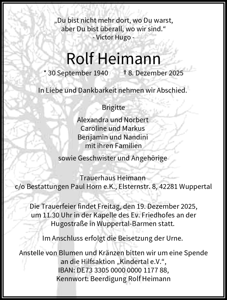  Traueranzeige für Rolf Heimann vom 13.12.2025 aus trauer.wuppertaler-rundschau.de