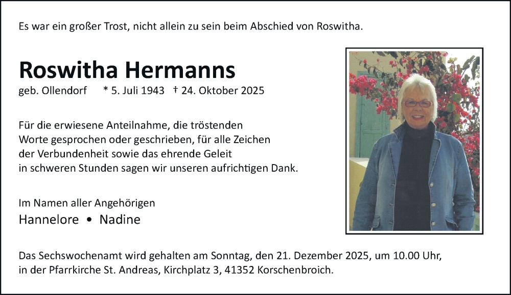  Traueranzeige für Roswitha Hermanns vom 14.12.2025 aus trauer.panorama-anzeigenblatt.de