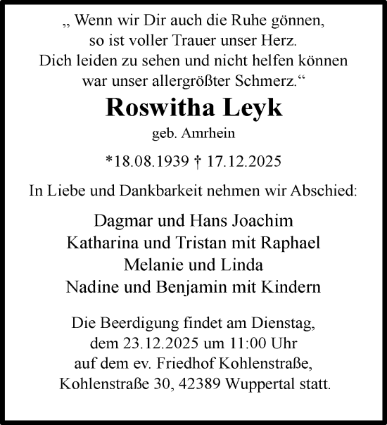 Traueranzeige von Roswitha Leyk von trauer.wuppertaler-rundschau.de