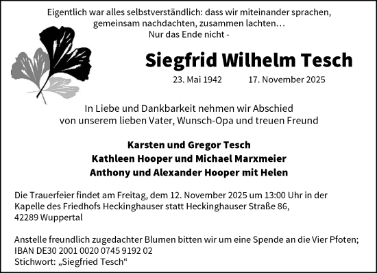 Traueranzeige von Siegfried Wilhelm Tesch von trauer.wuppertaler-rundschau.de
