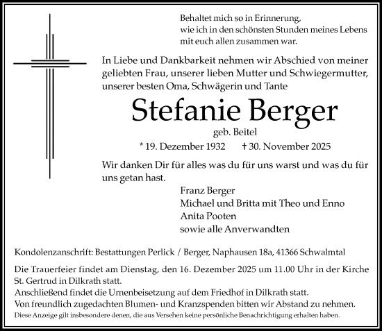 Traueranzeige von Stefanie Berger von trauer.panorama-anzeigenblatt.de