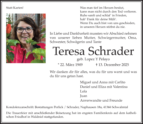 Traueranzeige von Teresa Schrader von trauer.panorama-anzeigenblatt.de