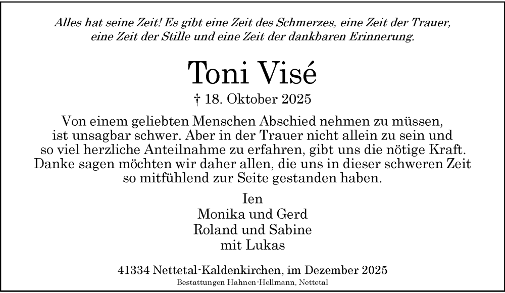  Traueranzeige für Toni Visé vom 07.12.2025 aus trauer.panorama-anzeigenblatt.de