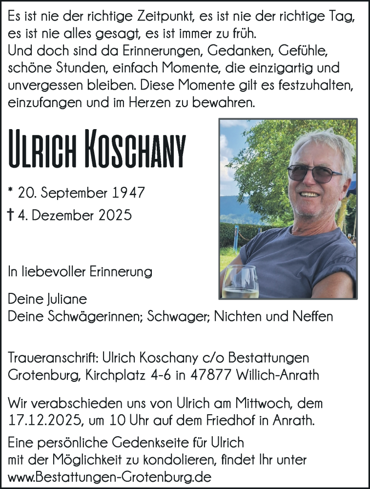  Traueranzeige für Ulrich Koschany vom 14.12.2025 aus trauer.panorama-anzeigenblatt.de