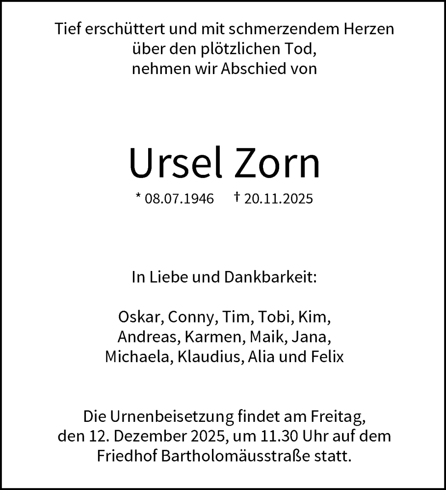  Traueranzeige für Ursel Zorn vom 06.12.2025 aus trauer.wuppertaler-rundschau.de