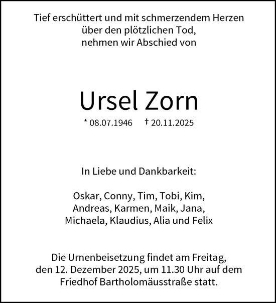 Traueranzeige von Ursel Zorn von trauer.wuppertaler-rundschau.de