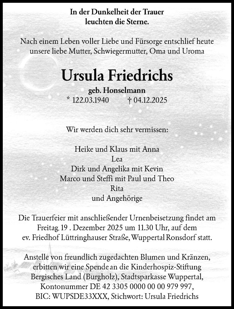 Traueranzeige für Ursula Friedrichs vom 13.12.2025 aus trauer.wuppertaler-rundschau.de