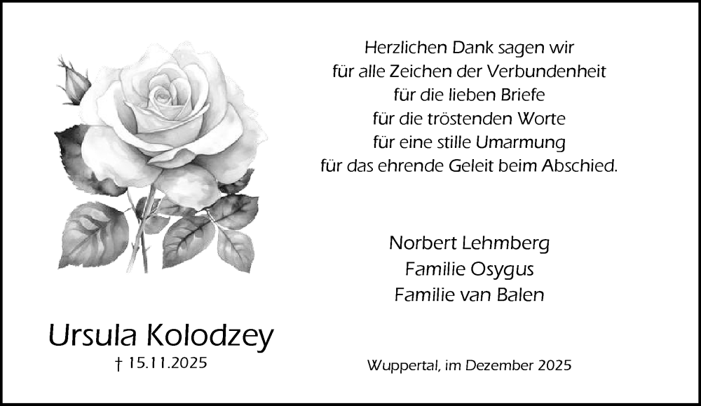  Traueranzeige für Ursula Kolodzey vom 20.12.2025 aus trauer.wuppertaler-rundschau.de