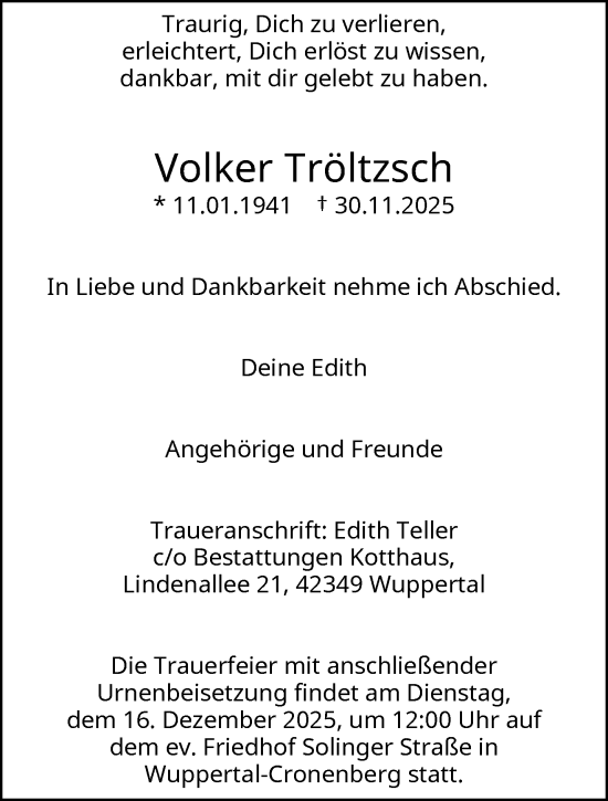 Traueranzeige von Volker Tröltzsch von trauer.wuppertaler-rundschau.de