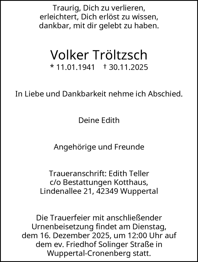 Traueranzeige für Volker Tröltzsch vom 13.12.2025 aus trauer.wuppertaler-rundschau.de