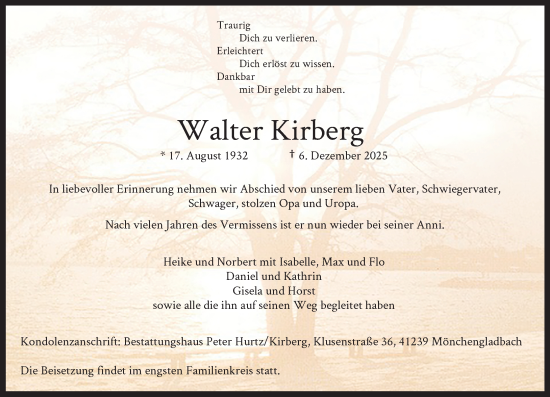Traueranzeige von Walter Kirberg von trauer.panorama-anzeigenblatt.de