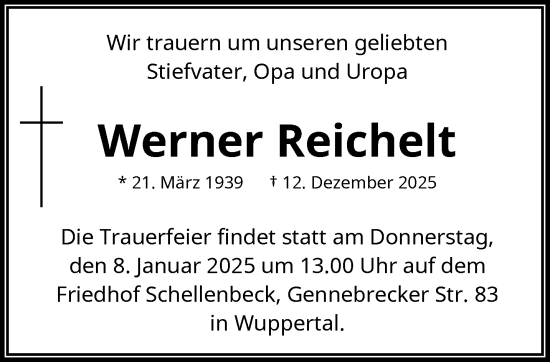 Traueranzeige von Werner Reichelt von trauer.wuppertaler-rundschau.de