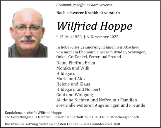 Traueranzeige von Wilfried Hoppe von trauer.panorama-anzeigenblatt.de