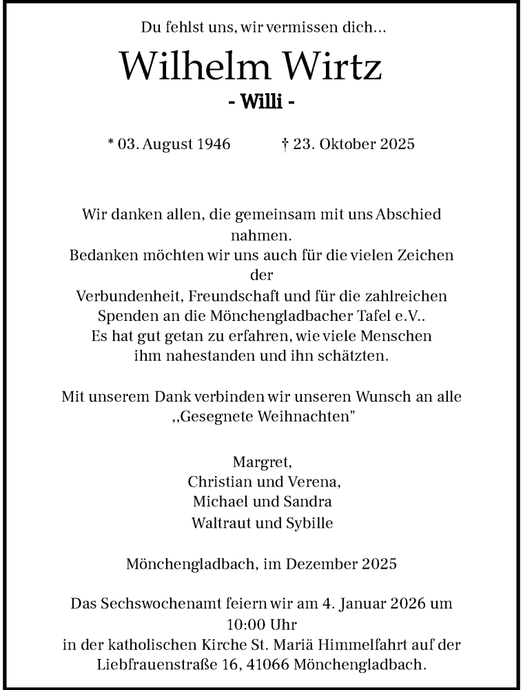  Traueranzeige für Wilhelm Wirtz vom 21.12.2025 aus trauer.panorama-anzeigenblatt.de