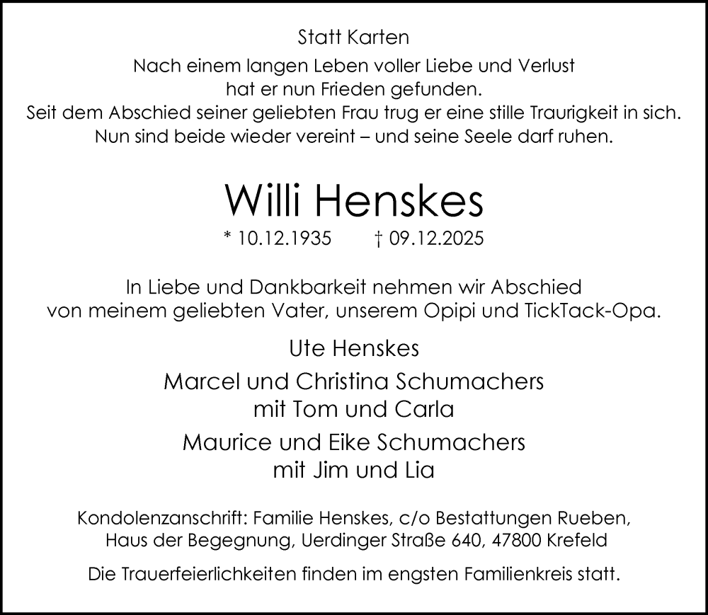  Traueranzeige für Willi Henskes vom 14.12.2025 aus trauer.panorama-anzeigenblatt.de