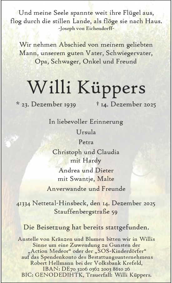 Traueranzeige von Willi Küppers von trauer.panorama-anzeigenblatt.de