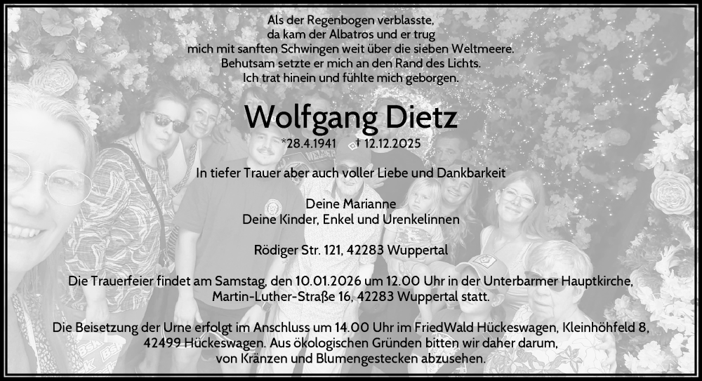  Traueranzeige für Wolfgang Dietz vom 20.12.2025 aus trauer.wuppertaler-rundschau.de
