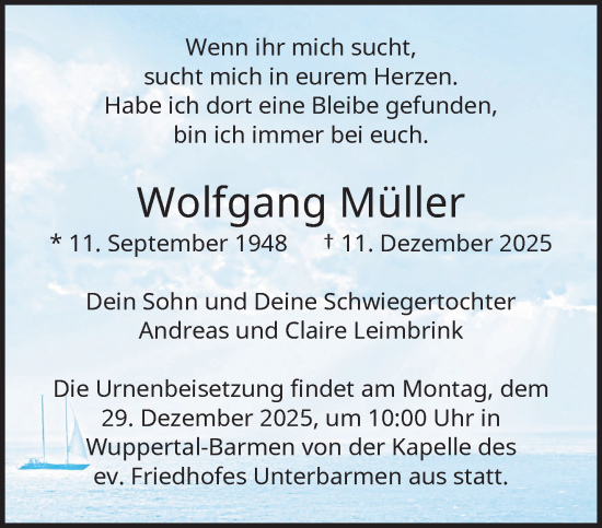 Traueranzeige von Wolfgang Müller von trauer.wuppertaler-rundschau.de
