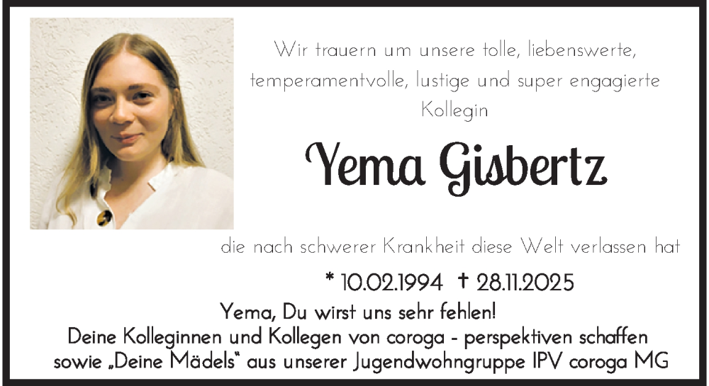  Traueranzeige für Yema Gisbertz vom 07.12.2025 aus trauer.panorama-anzeigenblatt.de