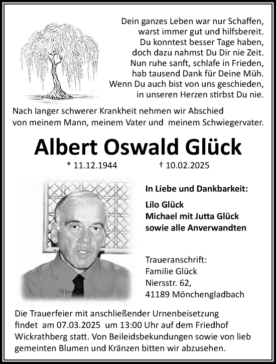 Traueranzeige von Albert Oswald Glück von trauer.extra-tipp-moenchengladbach.de