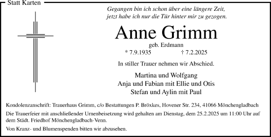 Traueranzeige von Anne Grimm von trauer.extra-tipp-moenchengladbach.de