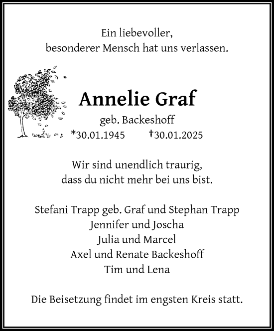 Traueranzeige von Annelie Graf von trauer.wuppertaler-rundschau.de