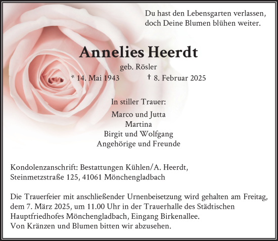 Traueranzeige von Annelies Heerdt von trauer.extra-tipp-moenchengladbach.de