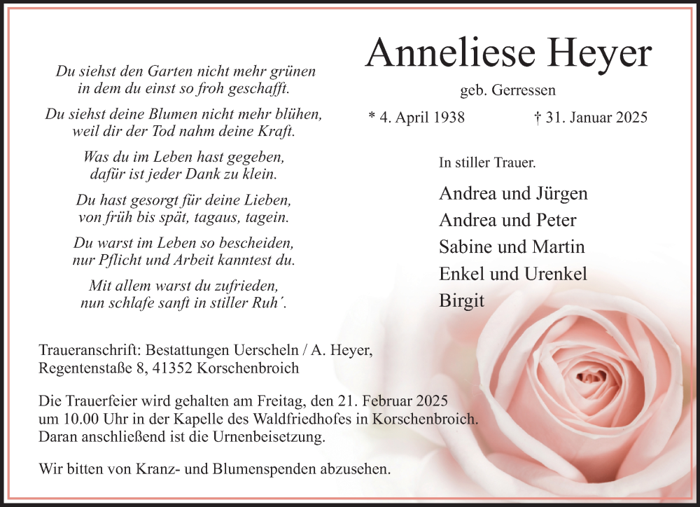  Traueranzeige für Anneliese Heyer vom 09.02.2025 aus trauer.extra-tipp-moenchengladbach.de