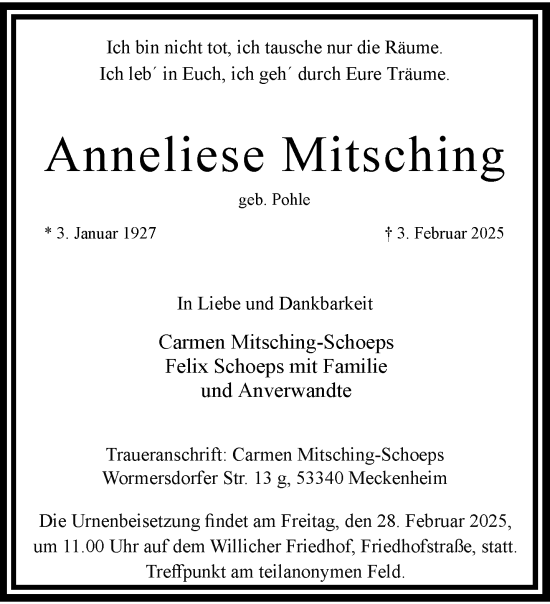 Traueranzeige von Anneliese Mitsching von trauer.extra-tipp-moenchengladbach.de